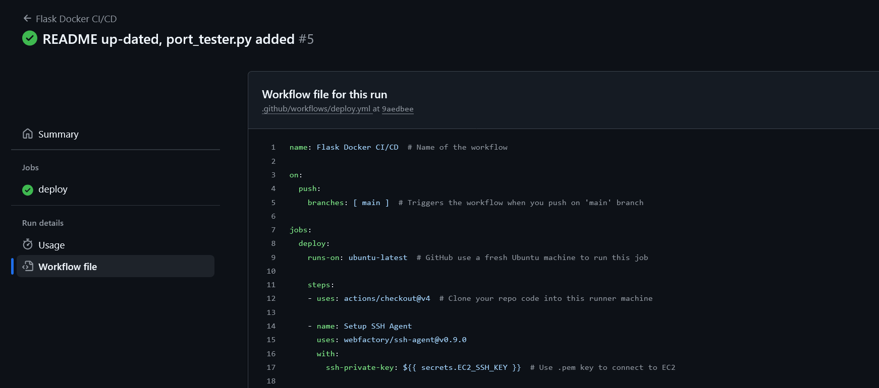 Successful GitHub Actions run showing green check for the deploy job