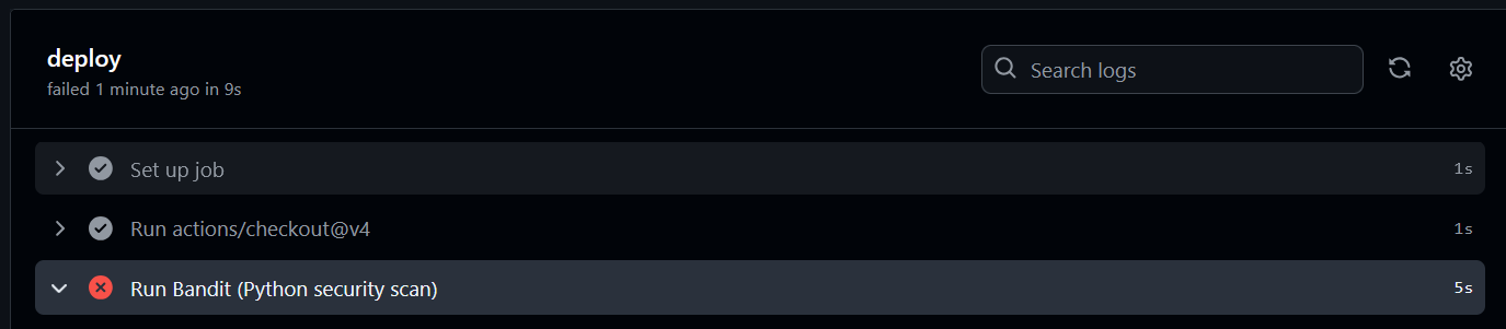 GitHub Actions run halted at 'Run Bandit' step