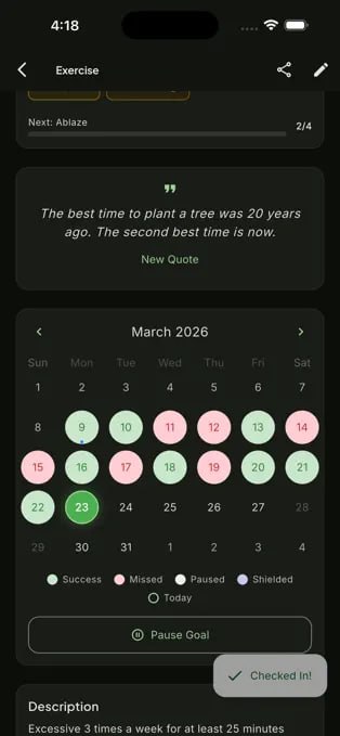 Calendar view with success, missed, paused, and shielded days