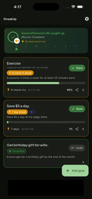 Home screen with Today's Mission card, goal list, and weekly consistency dots