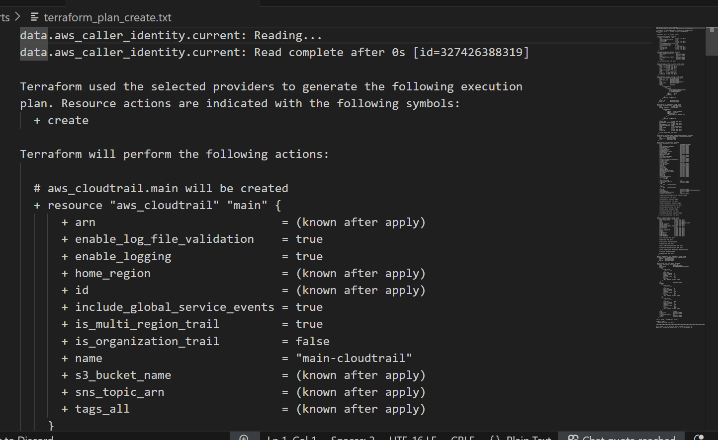 Terraform plan showing creation of CloudTrail resources