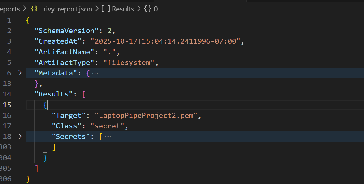 Trivy scan highlighting a detected secret in the repository